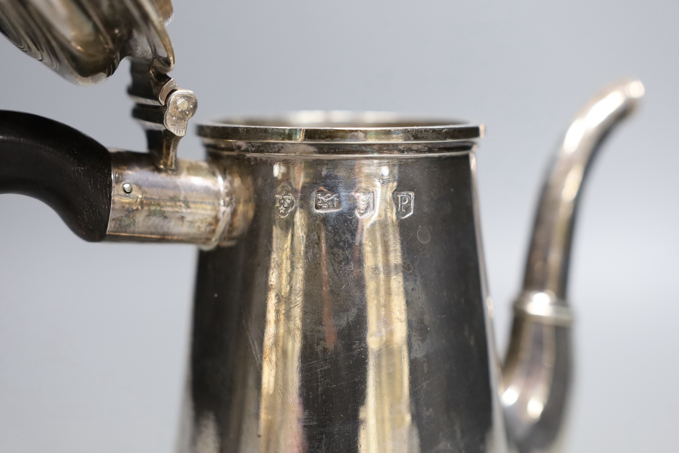 A George II silver coffee pot, Thomas Farren, London, 1730, 24cm, 28.8oz.